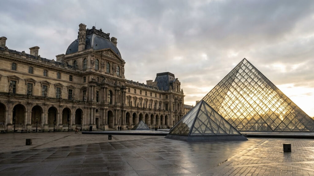 The glass pyramid entrance of the Louvre Museum at night with the historic palace wings.