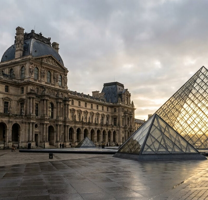 The glass pyramid entrance of the Louvre Museum at night with the historic palace wings.