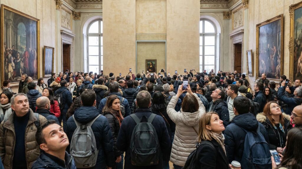 Since you're optimizing this for unclesam.tours, your alt text needs to strike a balance between accessibility (for screen readers) and SEO (for Google Image Search).

Avoid starting with "Image of..." or "Photo of..."—Google already knows it’s an image. Instead, focus on describing the scene while naturally including your keywords.

1. The SEO-Focused Option
Use this if the image is primarily there to show Google that your page covers the "visitor experience."

alt="Crowd of tourists gathered in front of the Mona Lisa in the Salle des États Room 711 at the Louvre