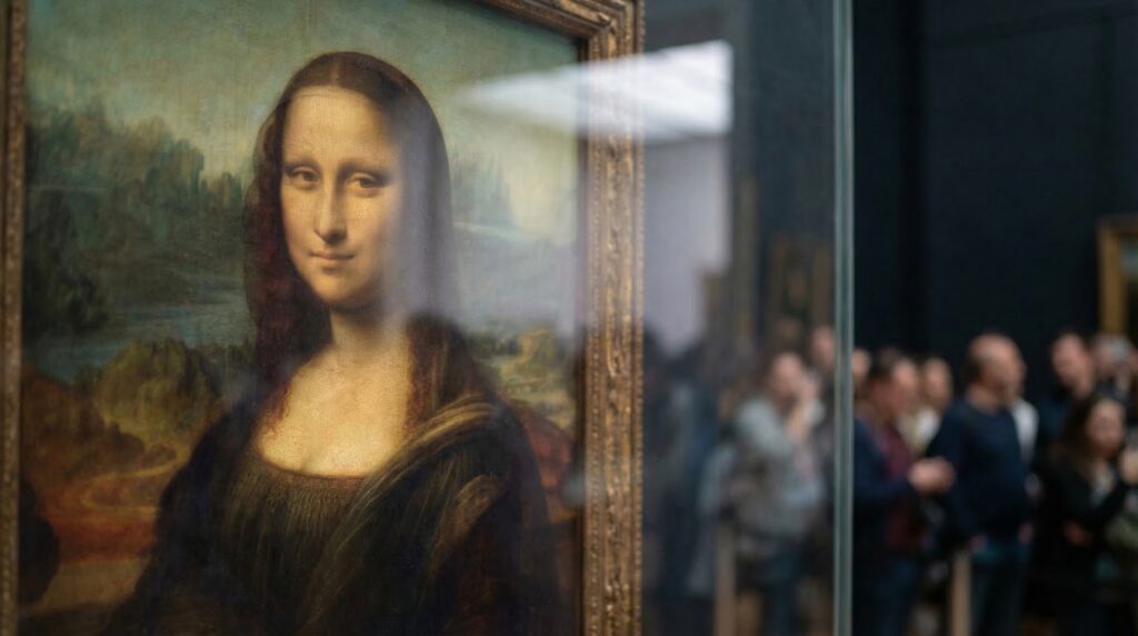 Close-up of the Mona Lisa's face showing her enigmatic smile and Leonardo da Vinci's sfumato technique.