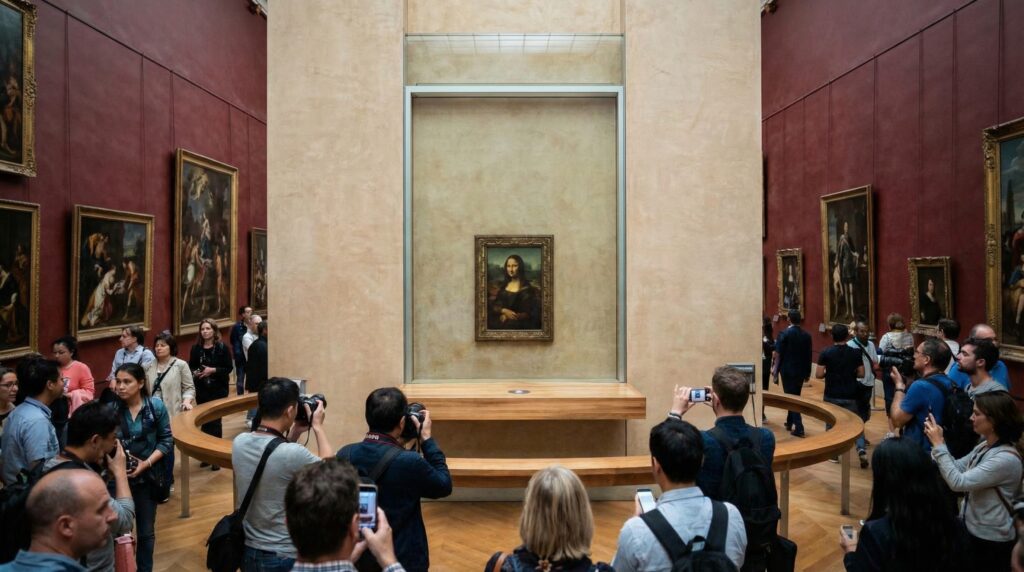 Mona Lisa in Room 711 Salle des États Denon Wing Louvre Museum Paris with visitors