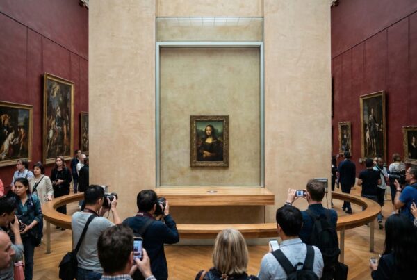 Mona Lisa in Room 711 Salle des États Denon Wing Louvre Museum Paris with visitors