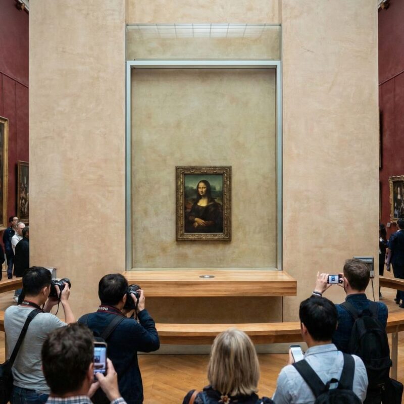 Mona Lisa in Room 711 Salle des États Denon Wing Louvre Museum Paris with visitors