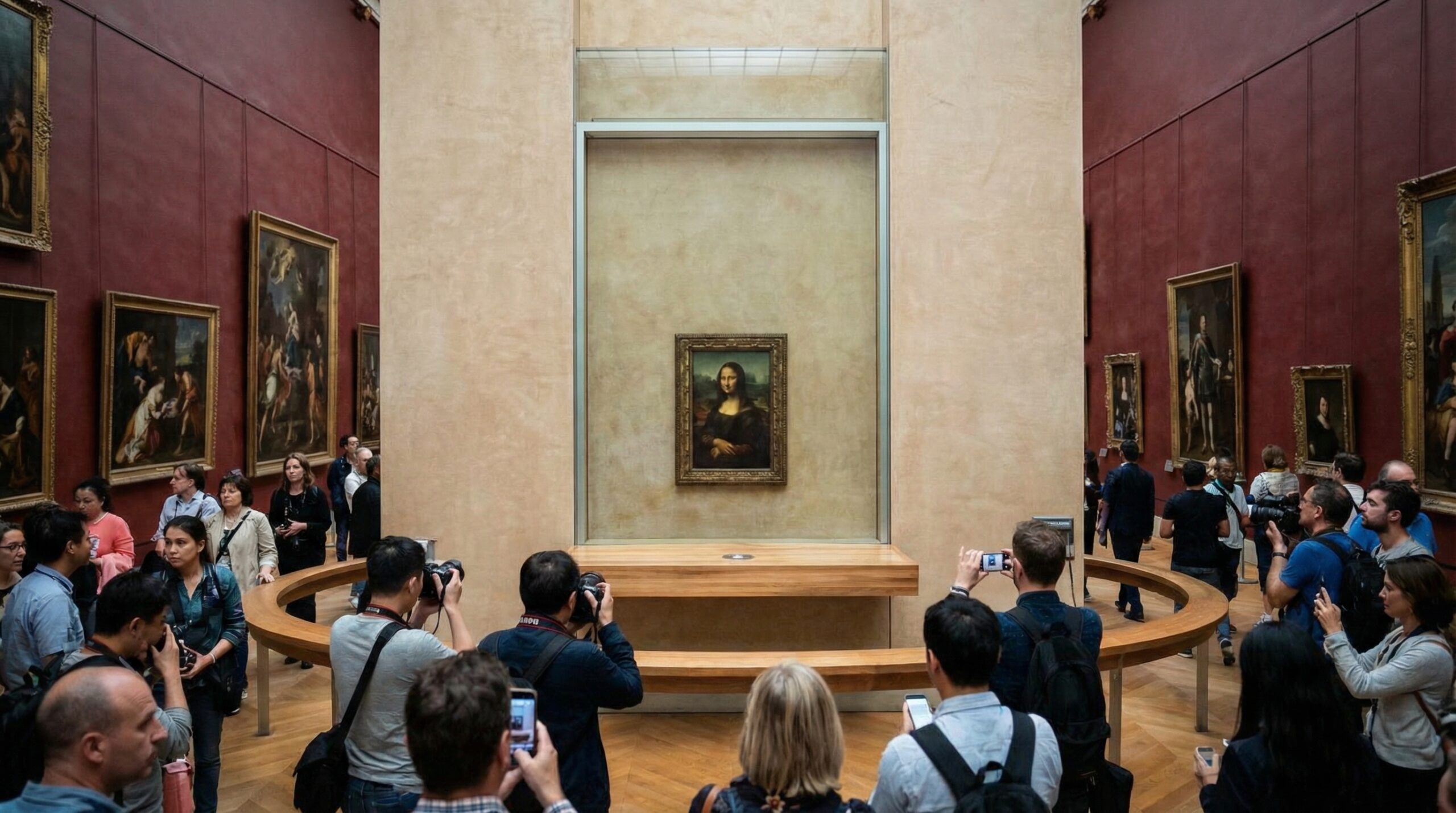 Mona Lisa in Room 711 Salle des États Denon Wing Louvre Museum Paris with visitors