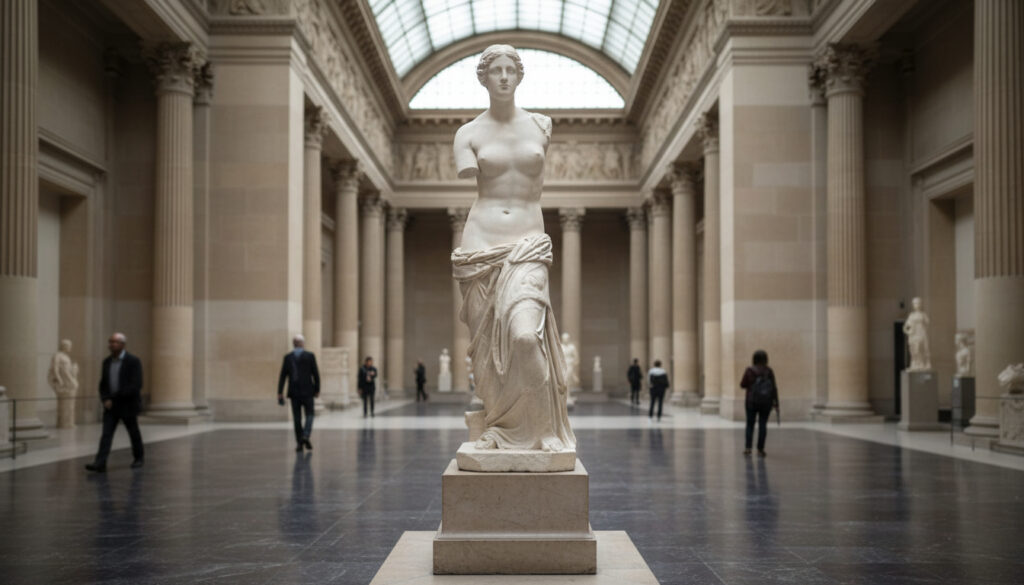A beautiful view of the Winged Victory, one of the best statues in the Louvre