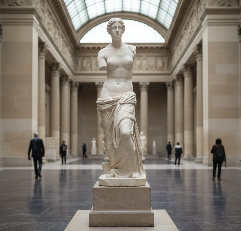 A beautiful view of the Winged Victory, one of the best statues in the Louvre