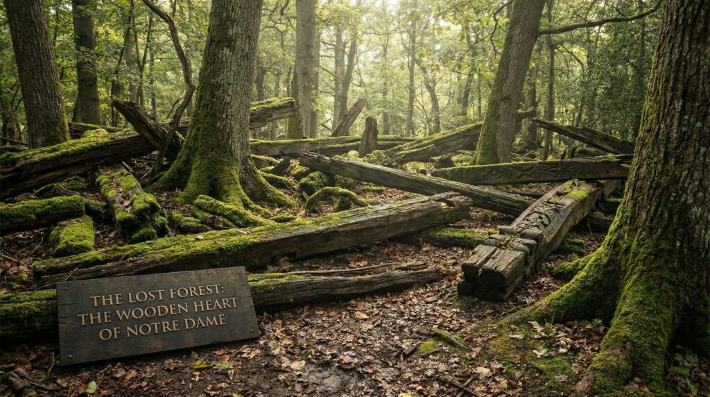 Intricate medieval wooden framework of the Notre Dame roof before the 2019 fire