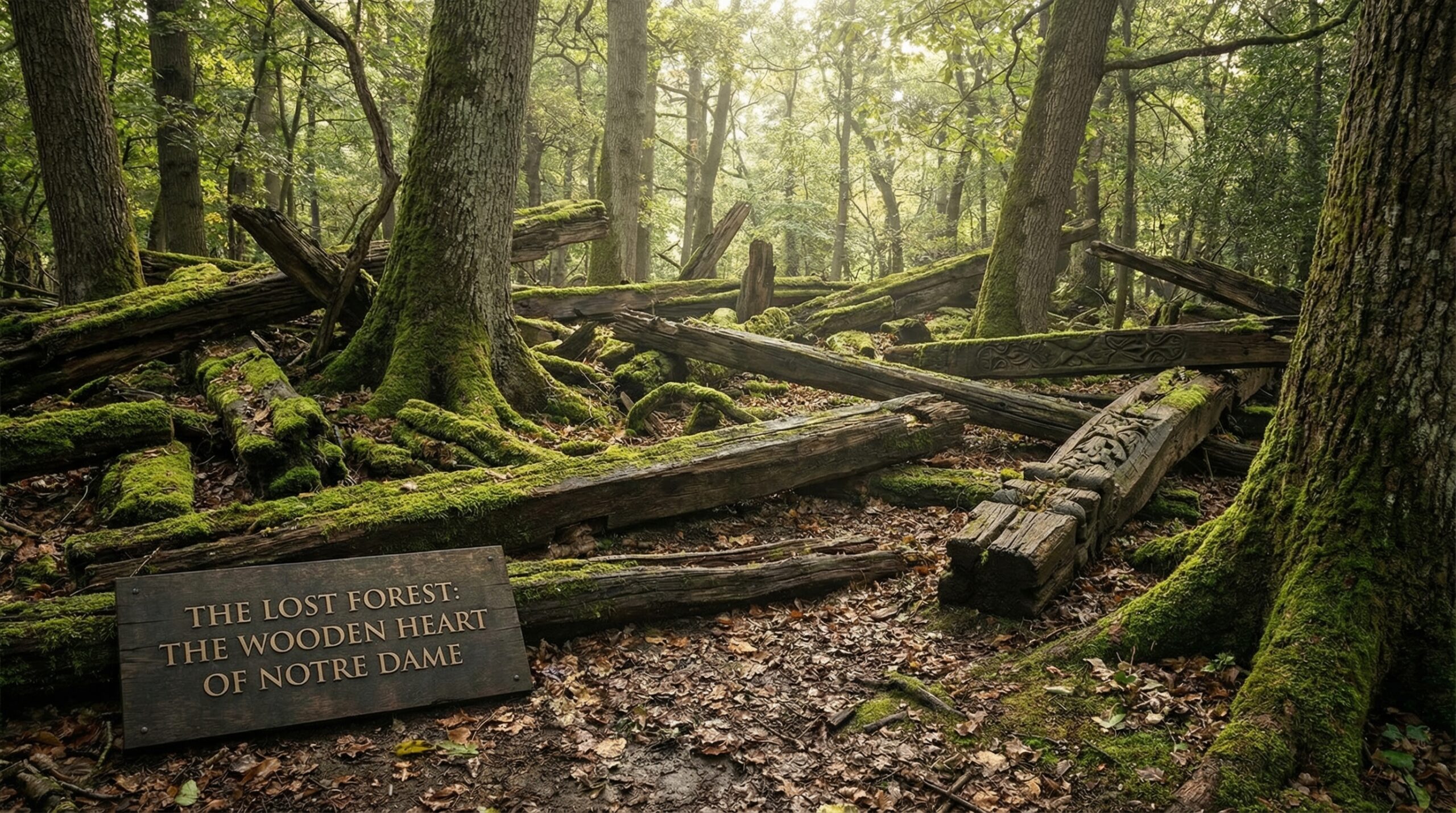 Intricate medieval wooden framework of the Notre Dame roof before the 2019 fire