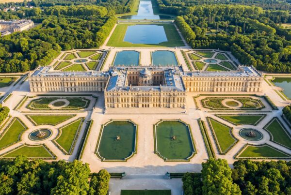 Wide angle exterior view of the golden gates and the grand Baroque facade of the Palace of Versailles under a clear blue sky.