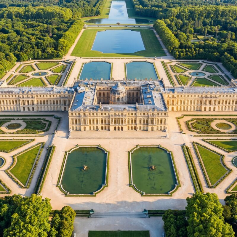 Wide angle exterior view of the golden gates and the grand Baroque facade of the Palace of Versailles under a clear blue sky.