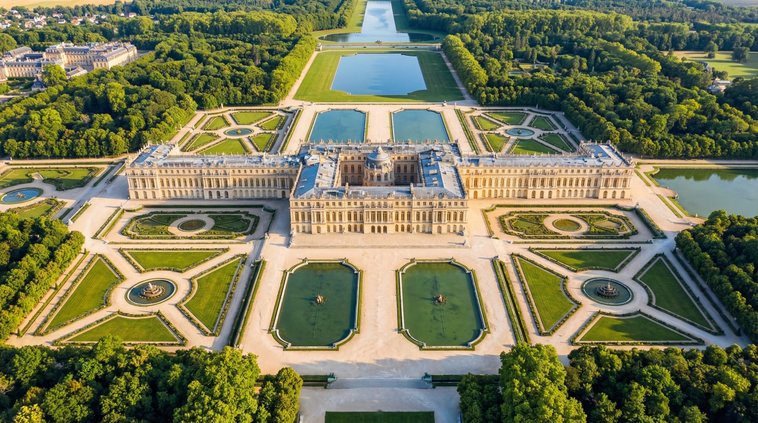 Wide angle exterior view of the golden gates and the grand Baroque facade of the Palace of Versailles under a clear blue sky.