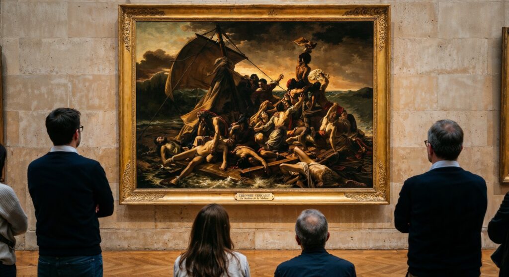 Survivors on a makeshift raft signal a ship on a dark stormy ocean