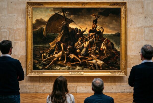 Survivors on a makeshift raft signal a ship on a dark stormy ocean