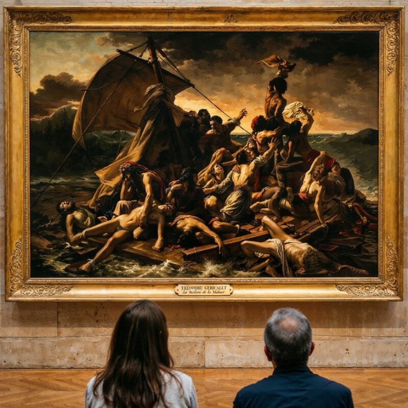 Survivors on a makeshift raft signal a ship on a dark stormy ocean