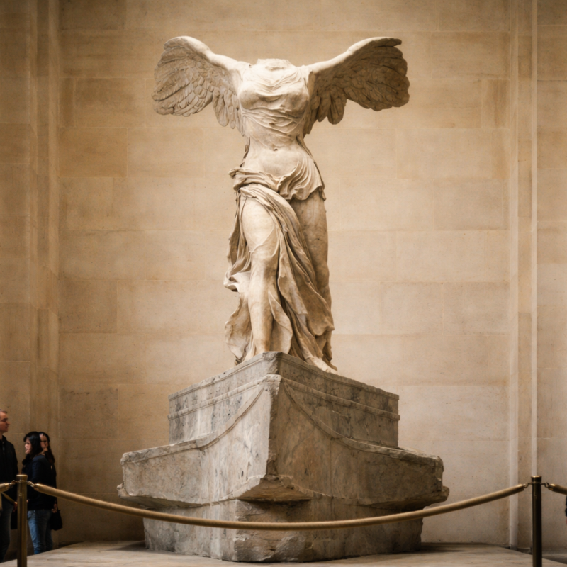 Winged Victory of Samothrace statue displayed at the Louvre Museum in Paris