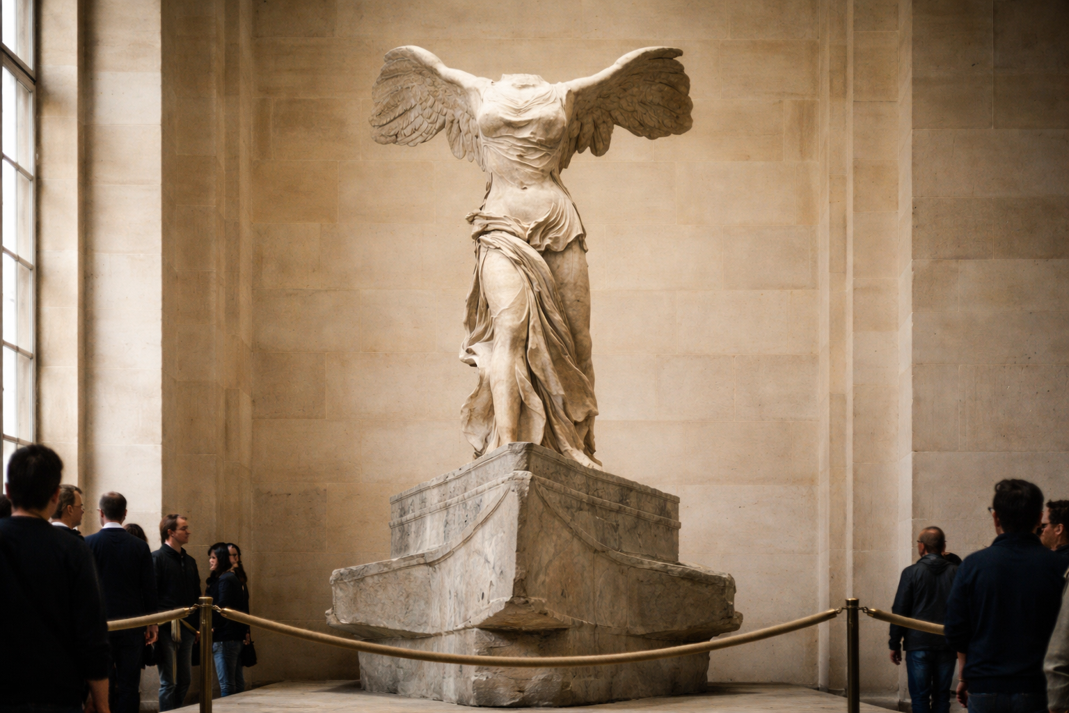 The Winged Victory of Samothrace marble statue standing on a stone ship base in the Louvre