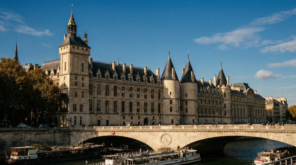 La Conciergerie historic Gothic building with towers along the Seine Paris