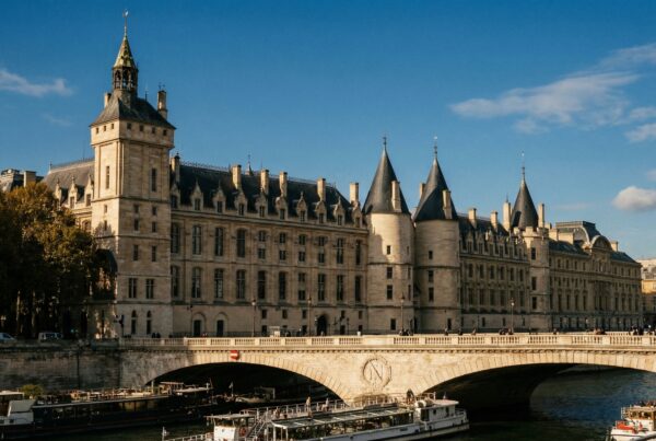 La Conciergerie historic Gothic building with towers along the Seine Paris