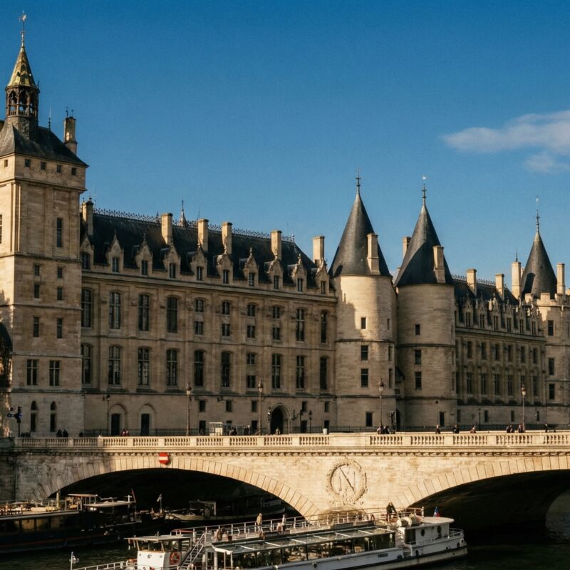 La Conciergerie historic Gothic building with towers along the Seine Paris