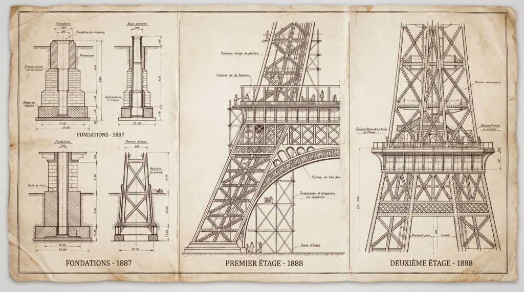 Historical blueprint illustration of Eiffel Tower construction phases in 1888 showing the side-by-side progression .