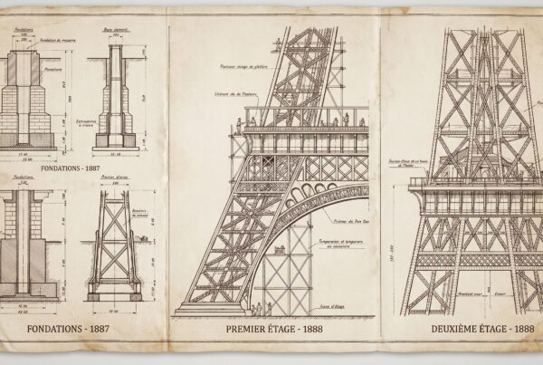 Historical blueprint illustration of Eiffel Tower construction phases in 1888 showing the side-by-side progression .