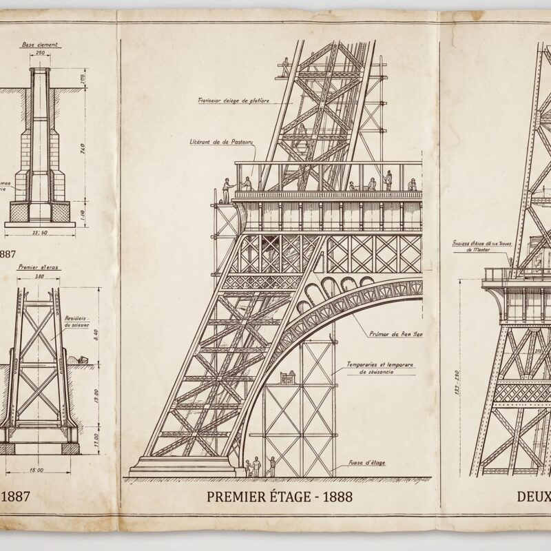 Historical blueprint illustration of Eiffel Tower construction phases in 1888 showing the side-by-side progression .