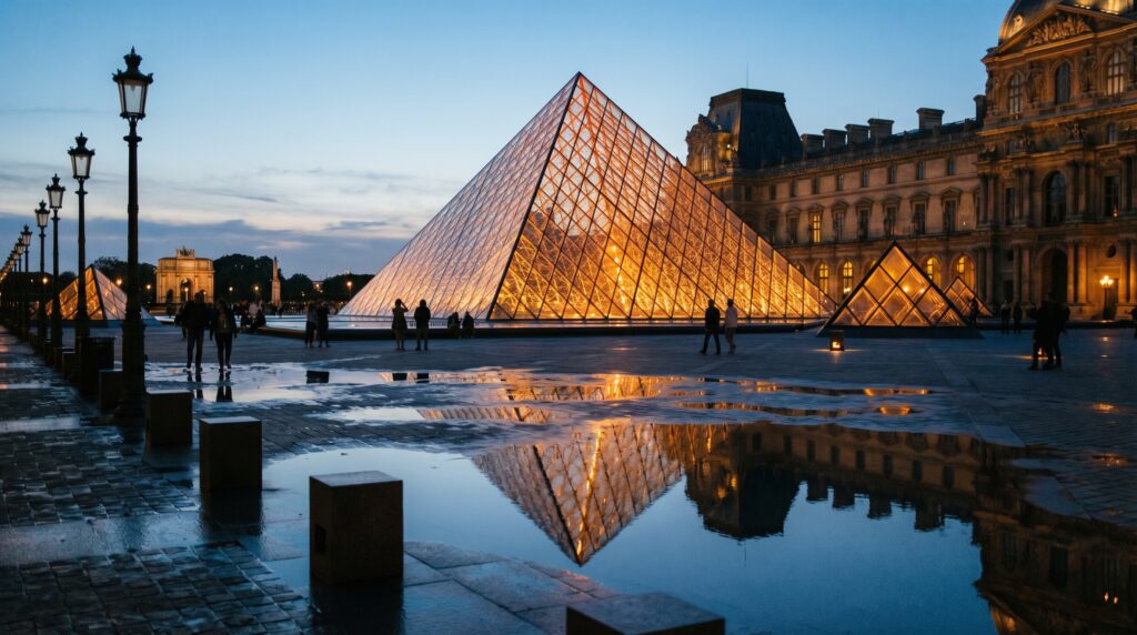 The glowing glass pyramid of the Louvre museum at night in Paris.
