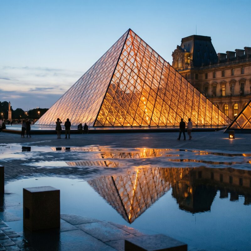 The glowing glass pyramid of the Louvre museum at night in Paris.