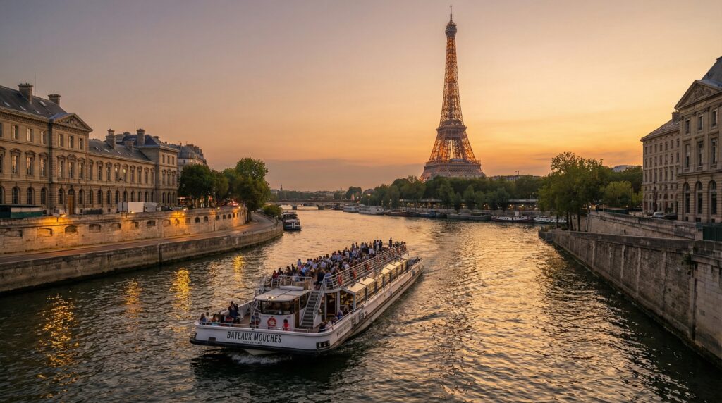 A cruise boat gliding on the Seine with warm sunset light reflecting on the water, and the Eiffel Tower glowing softly in the background.
