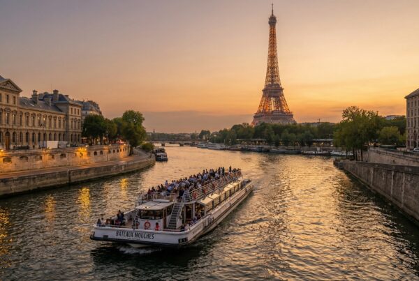 A cruise boat gliding on the Seine with warm sunset light reflecting on the water, and the Eiffel Tower glowing softly in the background.