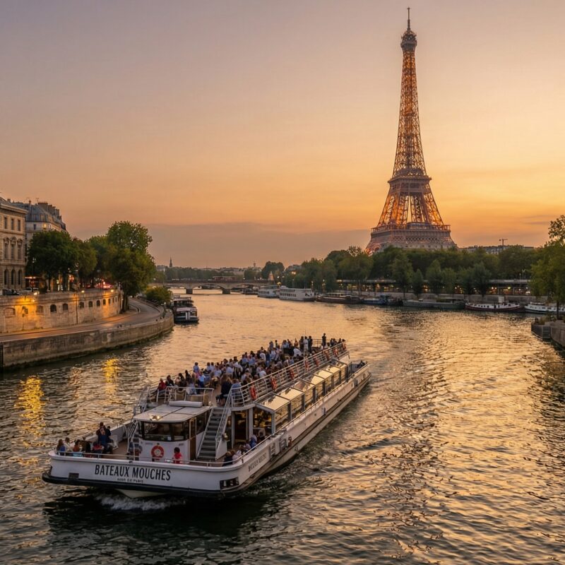 A cruise boat gliding on the Seine with warm sunset light reflecting on the water, and the Eiffel Tower glowing softly in the background.