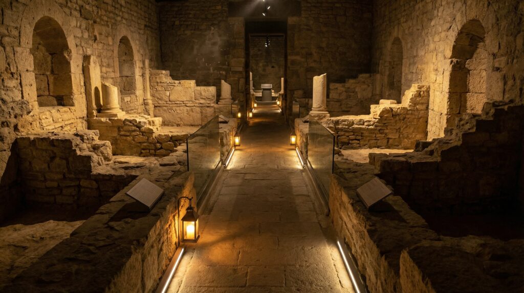 Illuminated pathway guiding through ancient stone ruins inside the Archaeological Crypt of Notre-Dame in Paris