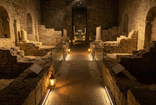 Illuminated pathway guiding through ancient stone ruins inside the Archaeological Crypt of Notre-Dame in Paris