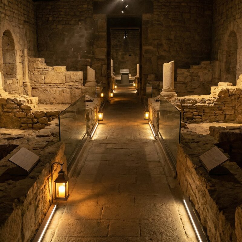Illuminated pathway guiding through ancient stone ruins inside the Archaeological Crypt of Notre-Dame in Paris