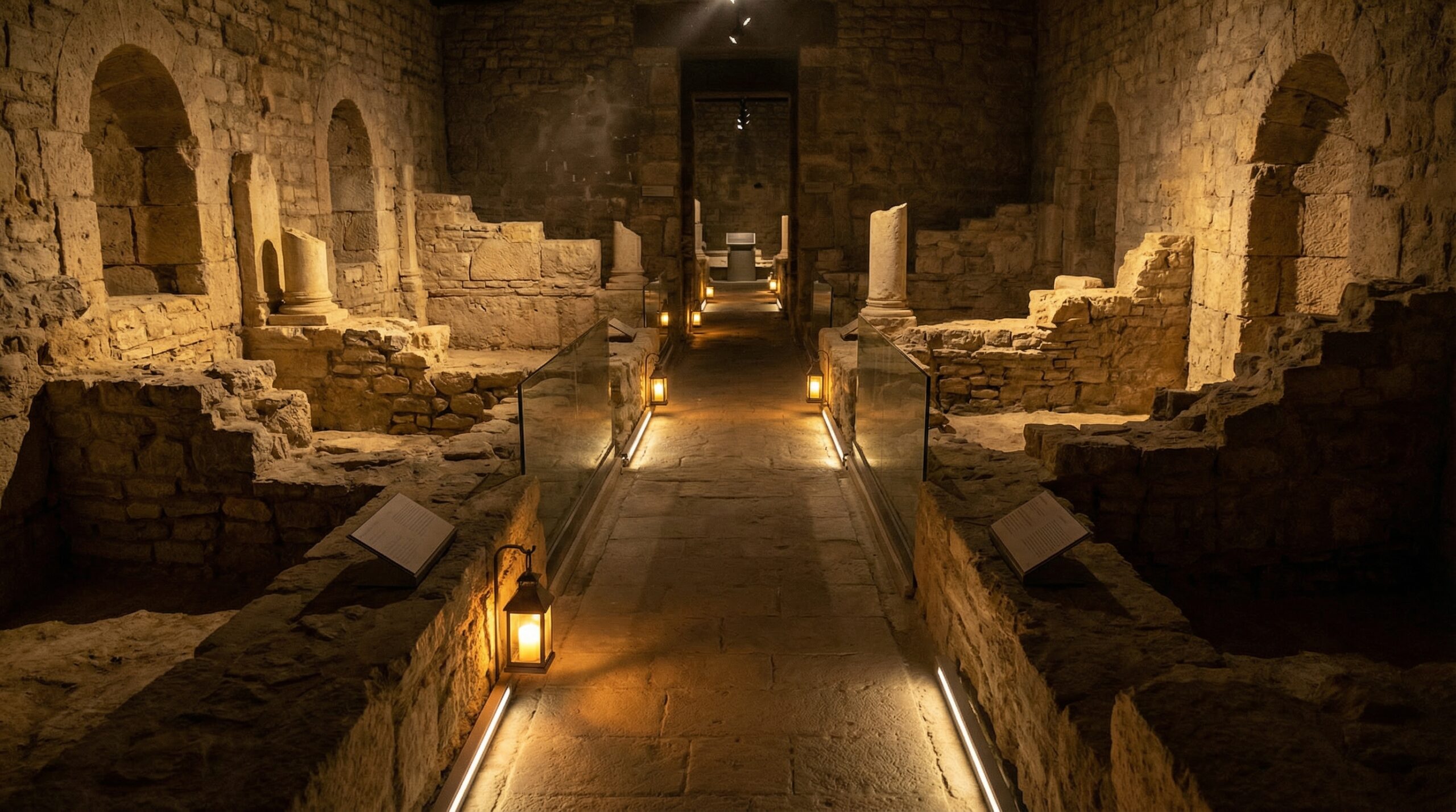 Illuminated pathway guiding through ancient stone ruins inside the Archaeological Crypt of Notre-Dame in Paris