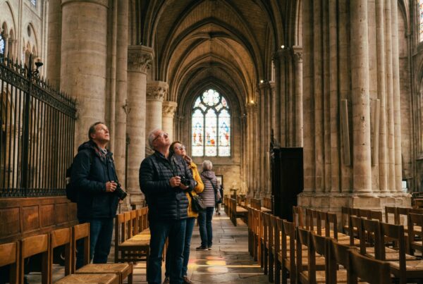 Interior of Notre Dame Cathedral with high vaulted ceilings
