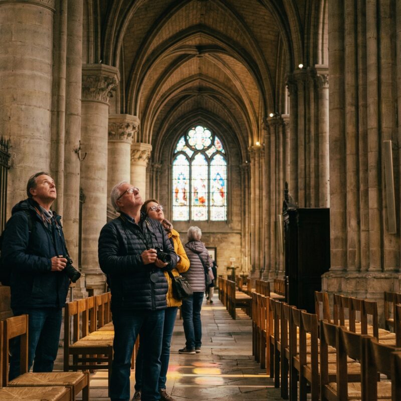 Interior of Notre Dame Cathedral with high vaulted ceilings