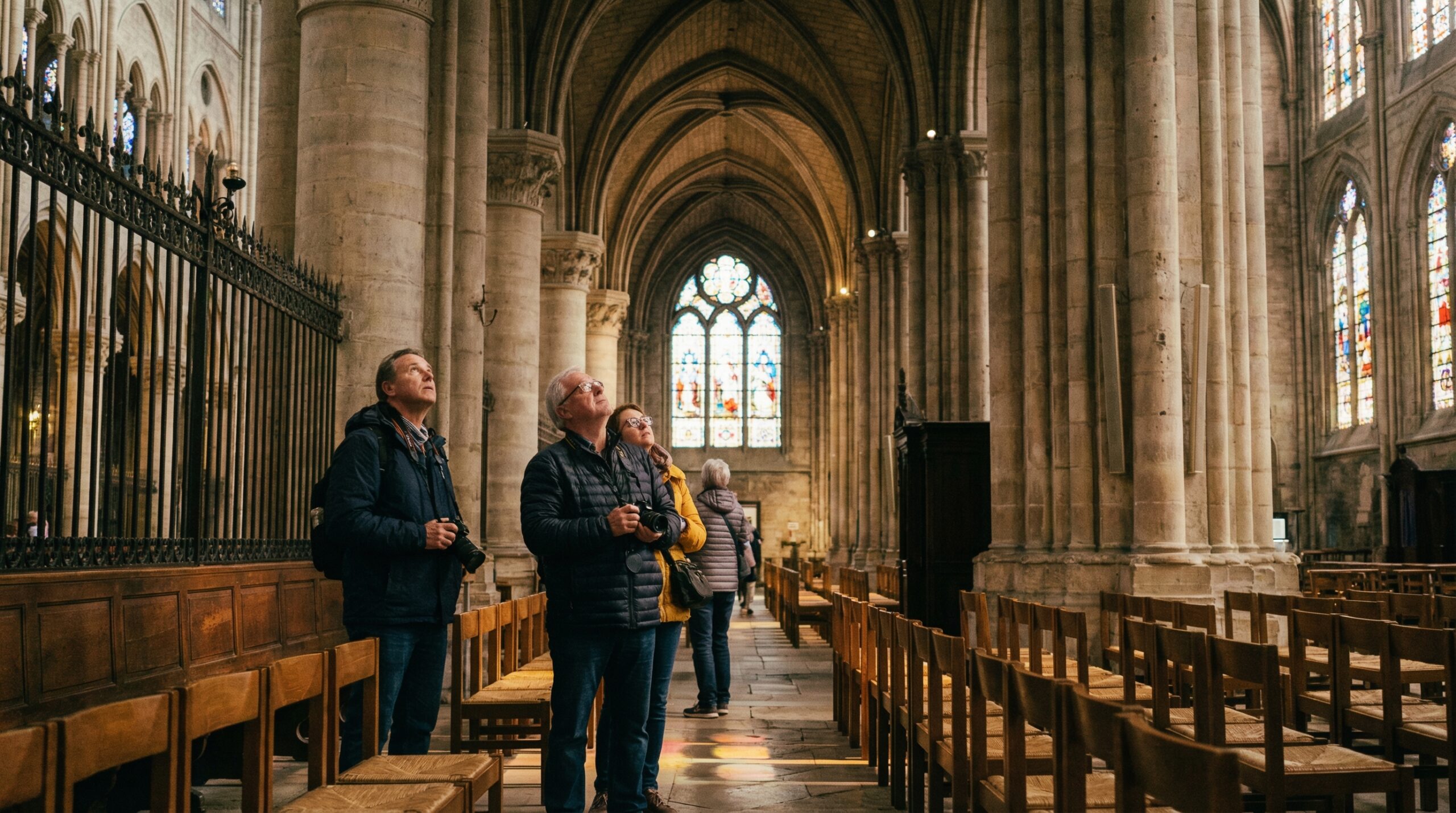 Interior of Notre Dame Cathedral with high vaulted ceilings