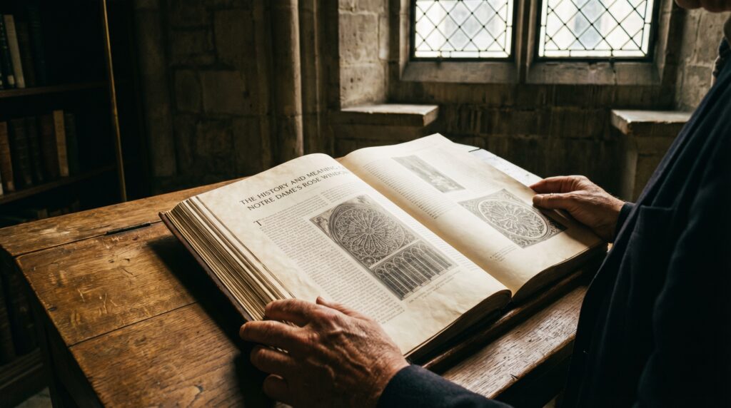 Close view of hands turning pages of a book detailing the history and meaning of Notre Dame rose windows