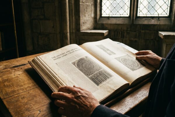 Close view of hands turning pages of a book detailing the history and meaning of Notre Dame rose windows