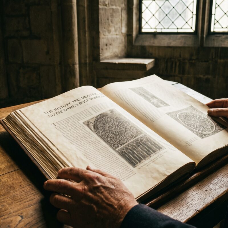 Close view of hands turning pages of a book detailing the history and meaning of Notre Dame rose windows