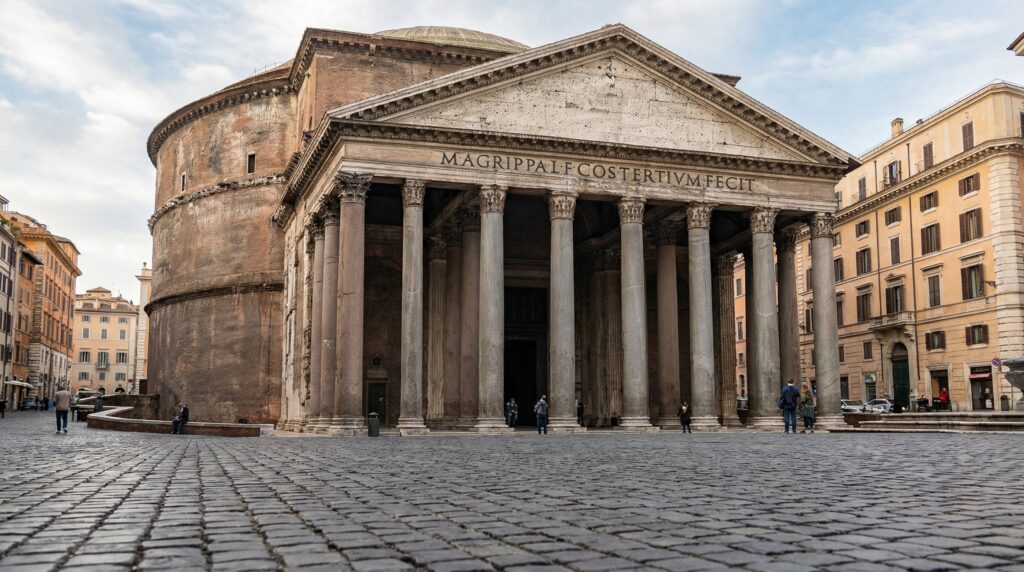 Wide-angle view of the Pantheon’s massive columns and iconic dome