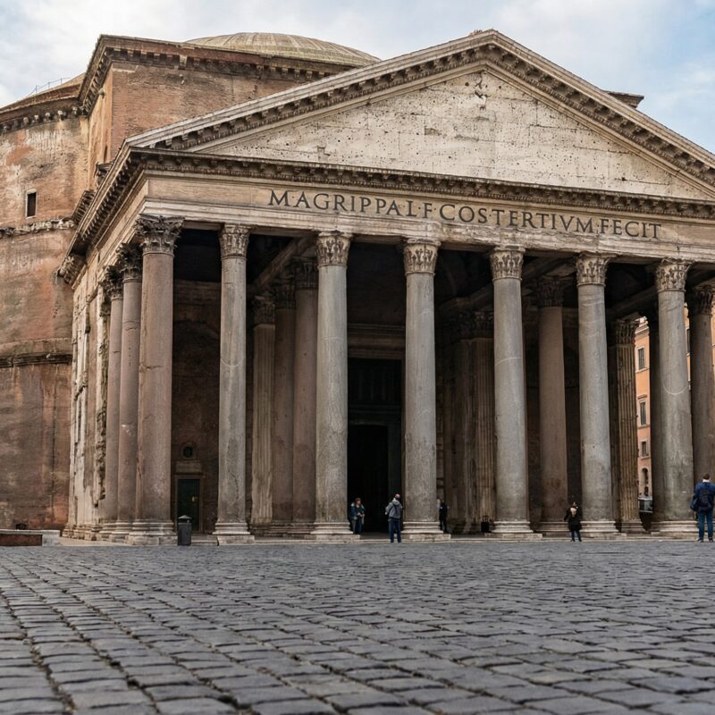 Wide-angle view of the Pantheon’s massive columns and iconic dome