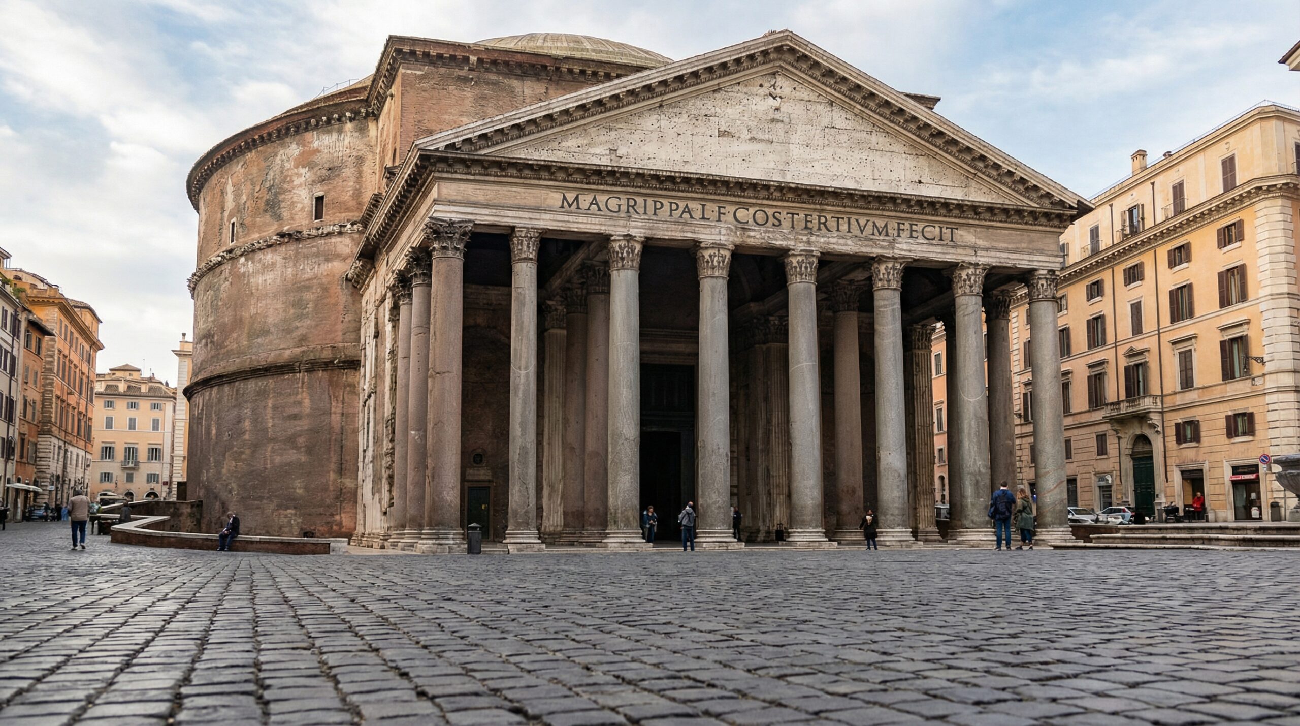 Wide-angle view of the Pantheon’s massive columns and iconic dome