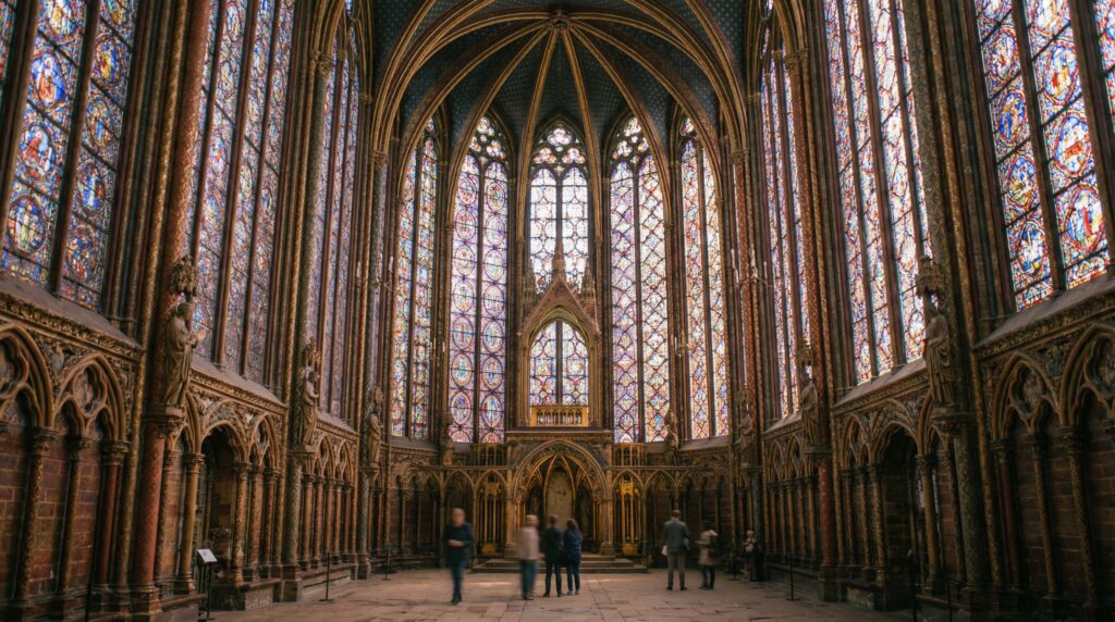 Upward view of Sainte Chapelle ceiling with Gothic arches and vibrant glass windows