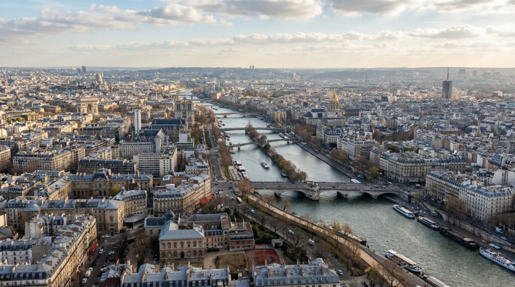 View from the Eiffel Tower summit overlooking the Seine River and historic Paris buildings
