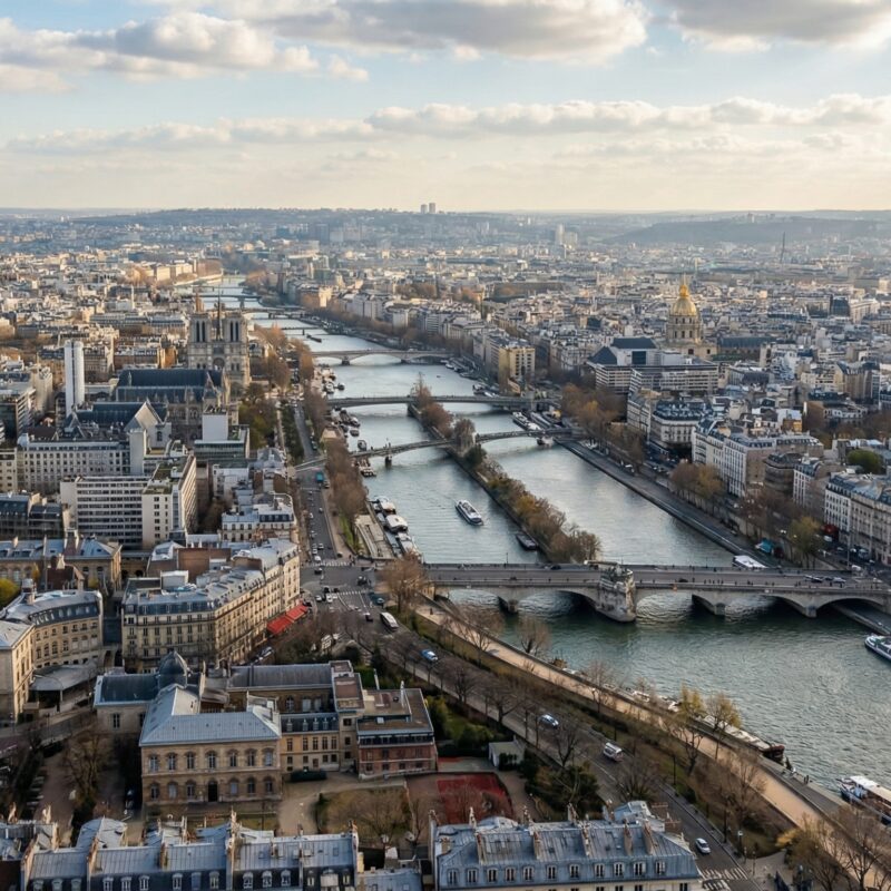 View from the Eiffel Tower summit overlooking the Seine River and historic Paris buildings