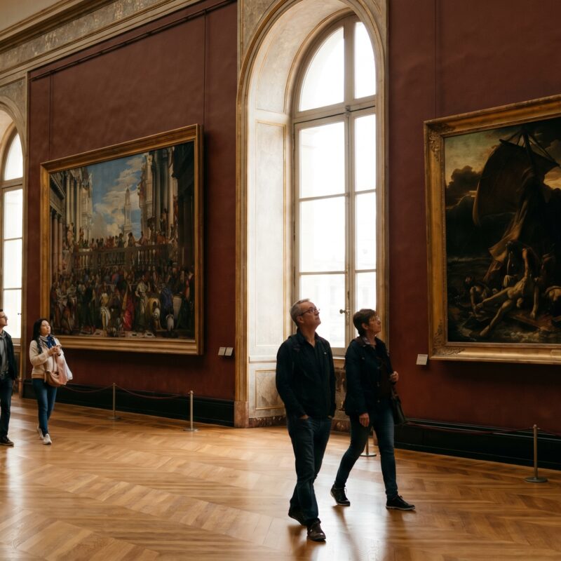 Sunlit corridor at the Louvre Museum lined with famous paintings in ornate gold frames.