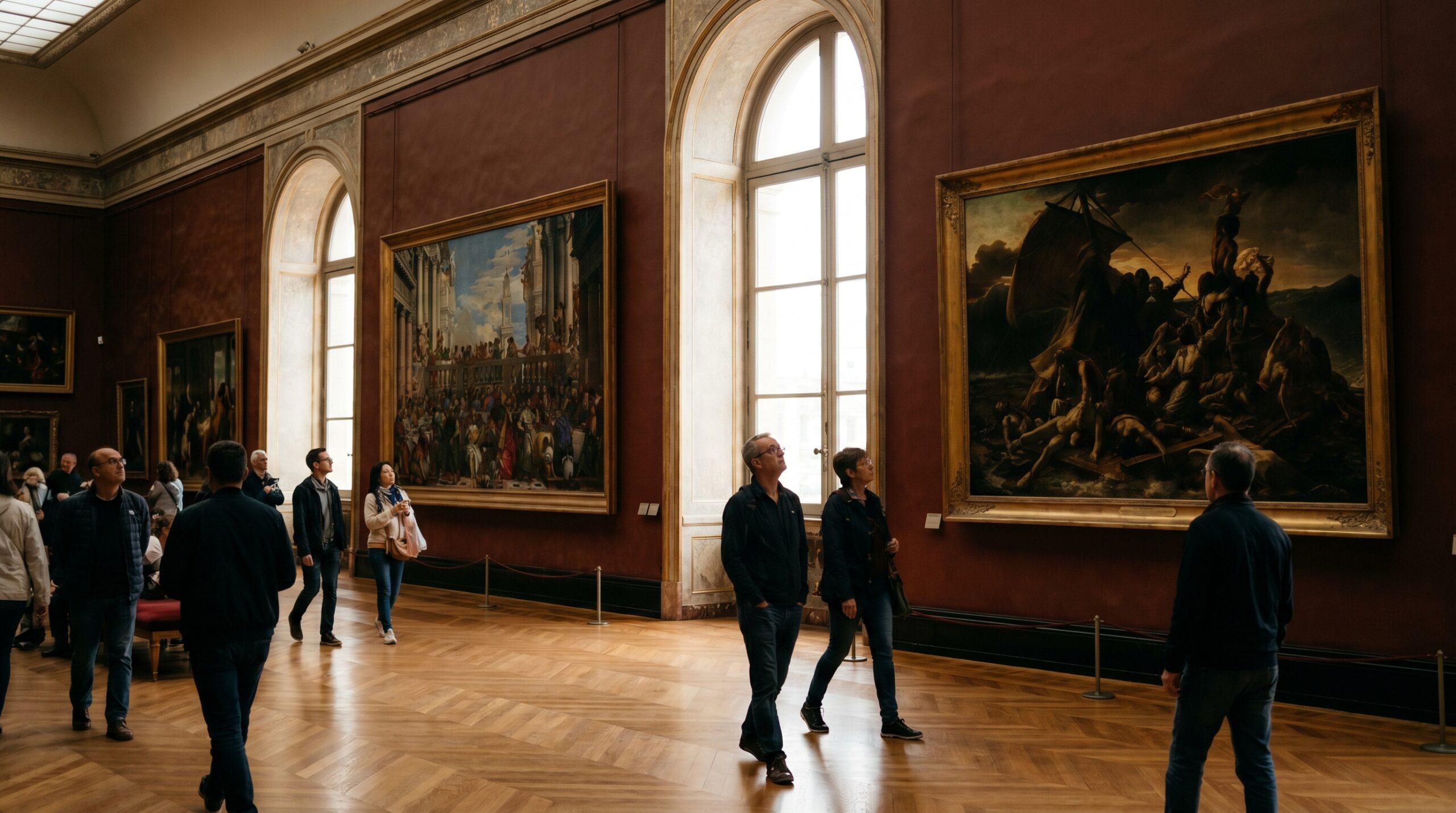 Sunlit corridor at the Louvre Museum lined with famous paintings in ornate gold frames.