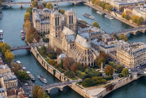 Aerial view of Notre Dame Cathedral Paris on the Ile de la Cite surrounded by the Seine River